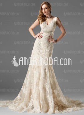 Ligne-A/Princesse Col V Traine courte Organza Satin Dentelle Robe de Mariée avec Perlé (002000249)