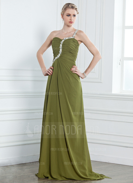 A-Lijn/Prinses Een-Schouder Lange Sleep Chiffon Avondjurk met Roes Kraal Van Toepassing (017002582)