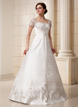 Ligne-A/Princesse Encolure carrée Longeur au sol Satin Tulle Robe de Mariée avec Broderie Ondulé Perlé Sequins (002012175)