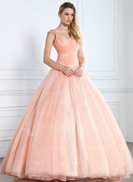 bal Col V Longeur au sol Organza satin Robe de Quinceanera avec Ondulé Brodé Pailleté (021002897)