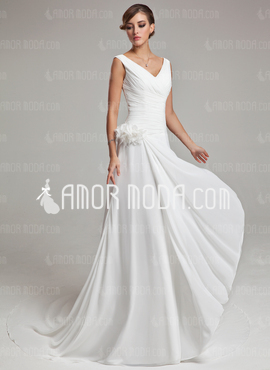 Ligne-A/Princesse Col V Traîne Chapelle Mousseline Satin Robe de Mariée avec Ondulé Plume Fleurs (002011459)