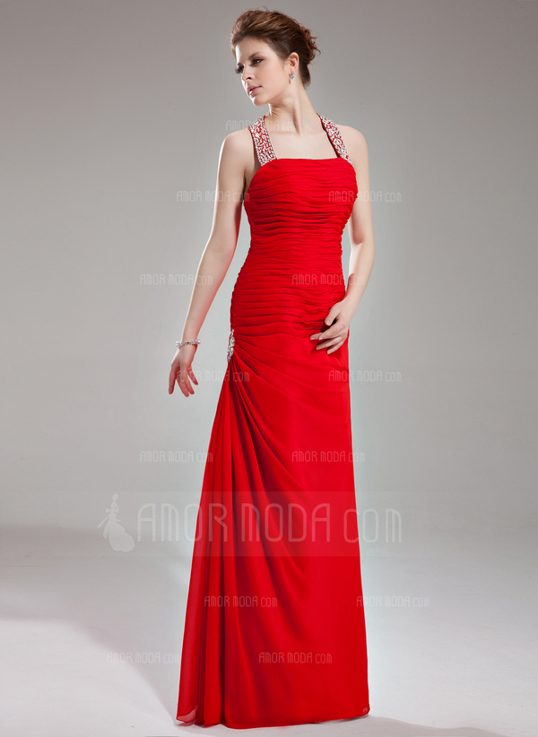 Nauwaansluitend Halter Vloerlengte Chiffon Avondjurk met Roes Beading Pailletten (017002264)