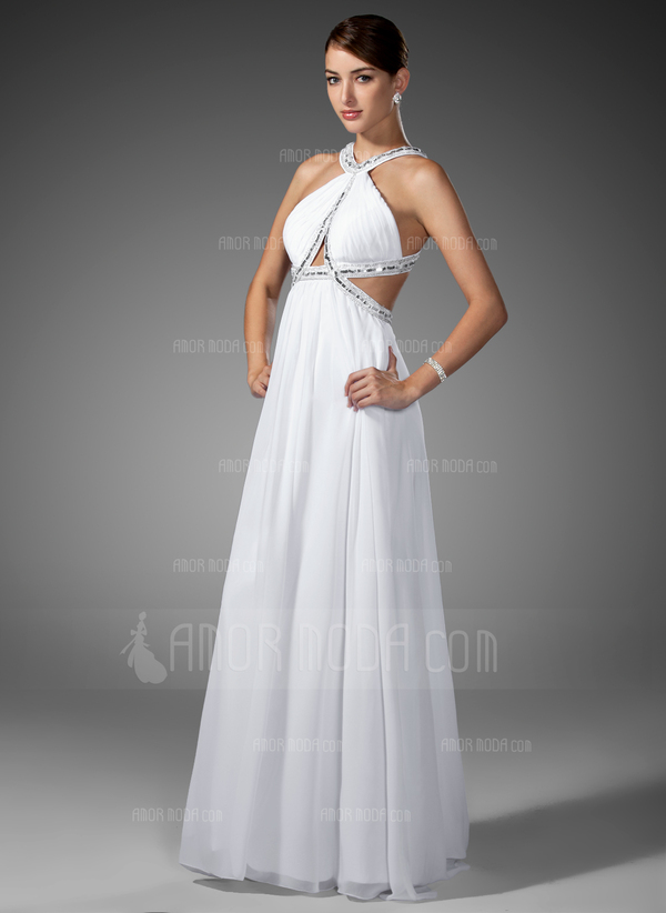 Empire Col rond Traine longue mousseline de soie Robe de Bal de Promo avec Ondulé Brodé (018002320)