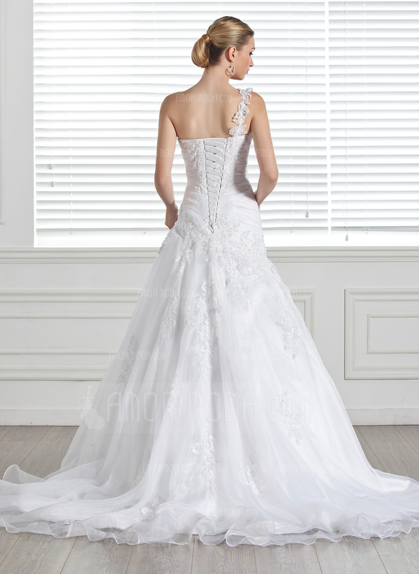 Ligne-A/Princesse Une epaule Traine courte Organza Satin Robe de Mariée avec Dentelle (002005321)