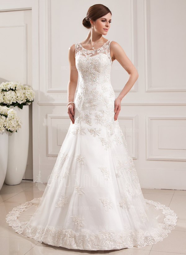Sirene Col rond Traine courte Satin Tulle Robe de Mariée avec Dentelle (002019530)