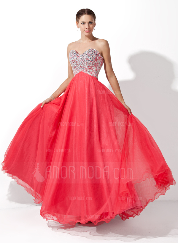 Ligne-A/Princesse Cœur Longeur au sol Tulle Charmeuse Robe de Bal de Promo avec Brodé (018004812)