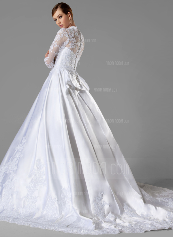 bal Col V Traîne Cathedral Satin Robe de Mariée avec Ondulé Dentelle (002004745)