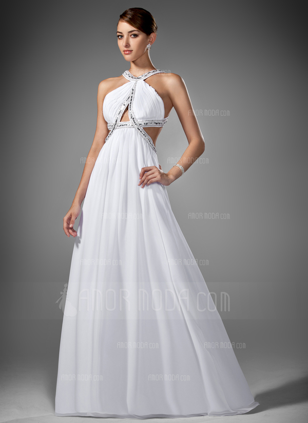 Empire Col rond Traine longue mousseline de soie Robe de Bal de Promo avec Ondulé Brodé (018002320)