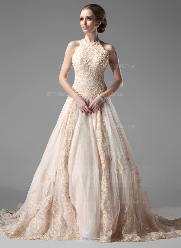 Ligne-A/Princesse Bretelles autour du cou Traîne Chapelle Satin Tulle Robe de Mariée avec Dentelle Perlé (002000154)