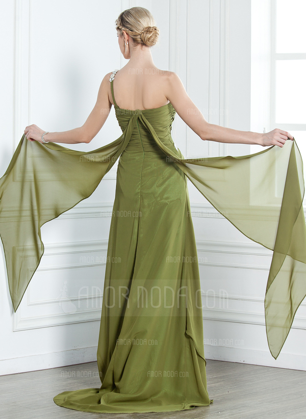 A-Lijn/Prinses Een-Schouder Lange Sleep Chiffon Avondjurk met Roes Kraal Van Toepassing (017002582)