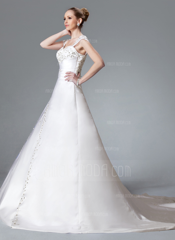 bal Cœur Traîne Chapelle Satin Robe de Mariée avec Broderie Perlé (002000558)