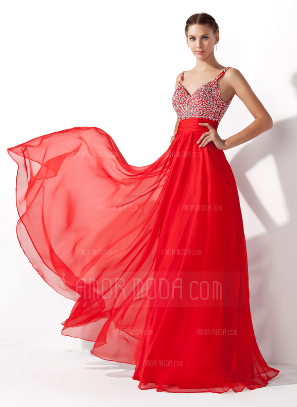 Ligne-A/Princesse Col V Longeur au sol Mousseline Robe de Bal de Promo avec Ondulé Brodé Pailleté (018005105)
