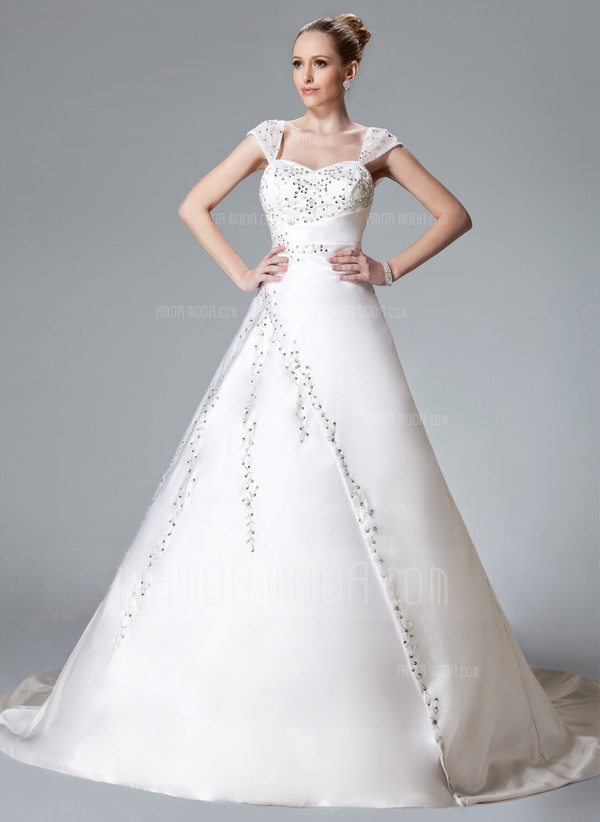 bal Cœur Traîne Chapelle Satin Robe de Mariée avec Broderie Perlé (002000558)