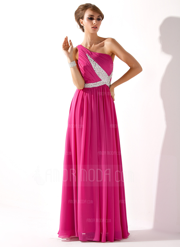 A-Lijn/Prinses Een-Schouder Vloerlengte Chiffon Avondjurken met Roes Kraal Lovertjes (017005592)