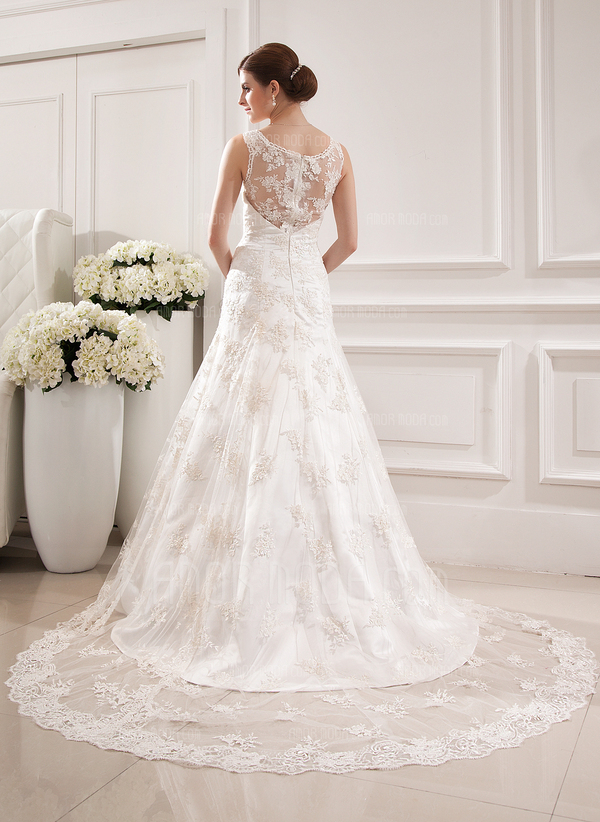 Sirene Col rond Traine courte Satin Tulle Robe de Mariée avec Dentelle (002019530)