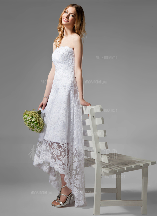 Ligne-A/Princesse Sans bretelles Assymetrique Satin Dentelle Robe de Mariée avec Perlé (002000226)