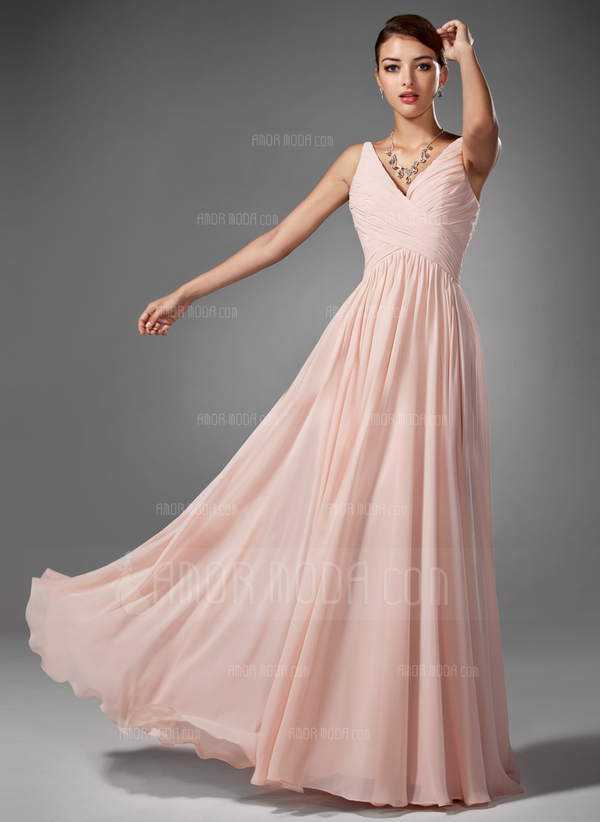 Ligne-A/Princesse Col V Longeur au sol Mousseline Robe de Bal de Promo avec Ondulé (018005068)