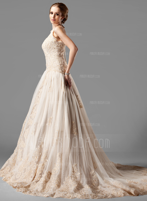 Ligne-A/Princesse Bretelles autour du cou Traîne Chapelle Satin Tulle Robe de Mariée avec Dentelle Perlé (002000154)