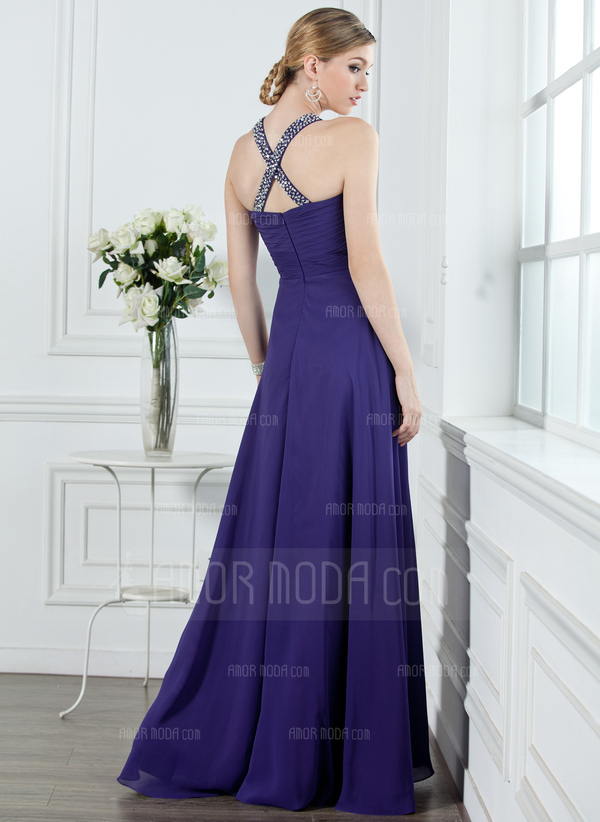 Ligne-A/Princesse Col V Longeur au sol Mousseline Robe de Bal de Promo avec Ondulé Brodé (018004956)