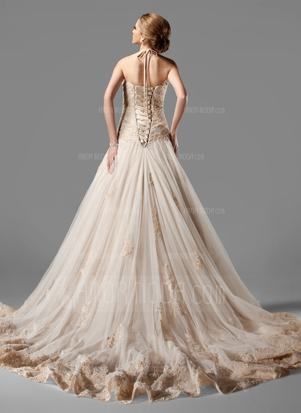 Ligne-A/Princesse Bretelles autour du cou Traîne Chapelle Satin Tulle Robe de Mariée avec Dentelle Perlé (002000154)