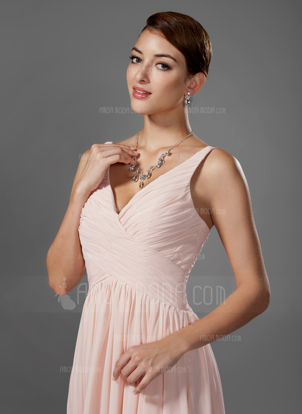 Ligne-A/Princesse Col V Longeur au sol Mousseline Robe de Bal de Promo avec Ondulé (018005068)