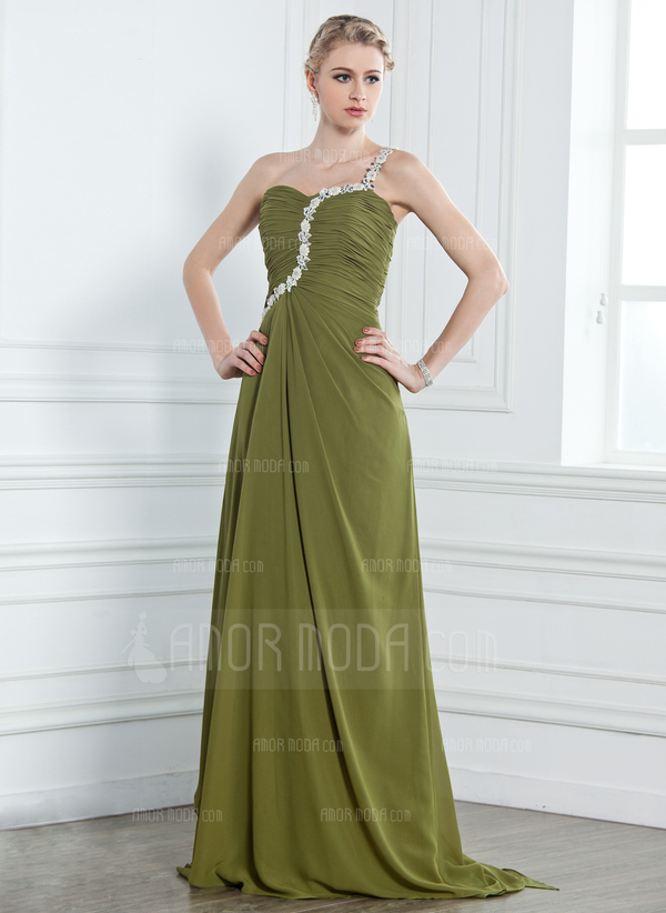 A-Lijn/Prinses Een-Schouder Lange Sleep Chiffon Avondjurk met Roes Kraal Van Toepassing (017002582)