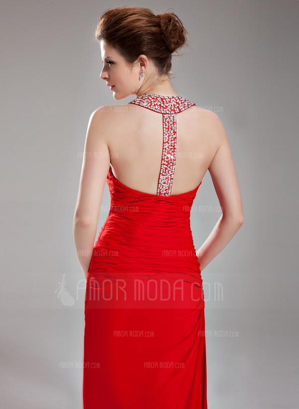 Nauwaansluitend Halter Vloerlengte Chiffon Avondjurk met Roes Beading Pailletten (017002264)