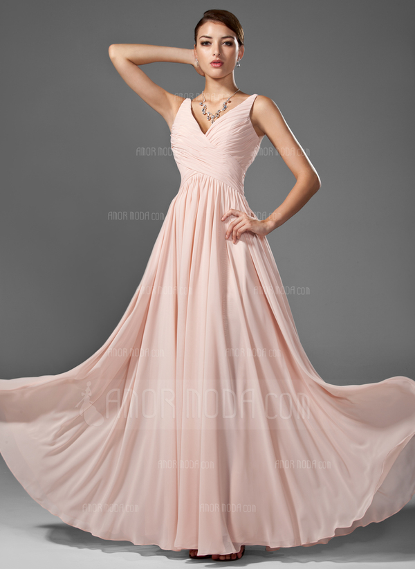 Ligne-A/Princesse Col V Longeur au sol Mousseline Robe de Bal de Promo avec Ondulé (018005068)