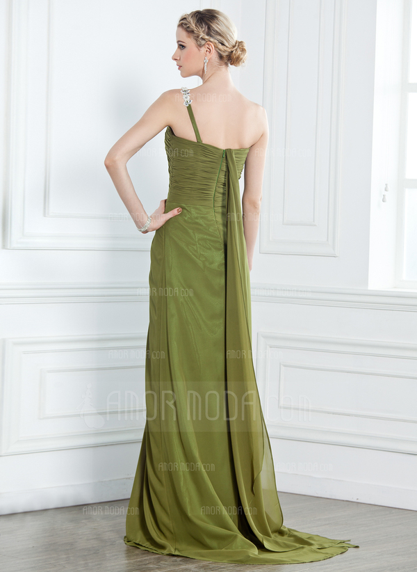 A-Lijn/Prinses Een-Schouder Lange Sleep Chiffon Avondjurk met Roes Kraal Van Toepassing (017002582)