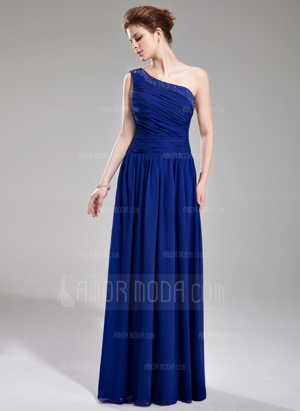 Ligne-A/Princesse Une epaule Longeur au sol Mousseline Robe de Soirée avec Ondulé Brodé (017004376)