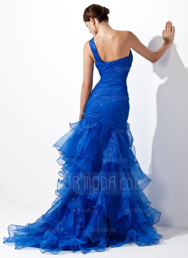 Sirene Une epaule Traine longue Organza Robe de Bal de Promo avec Ondulé Brodé (018005077)