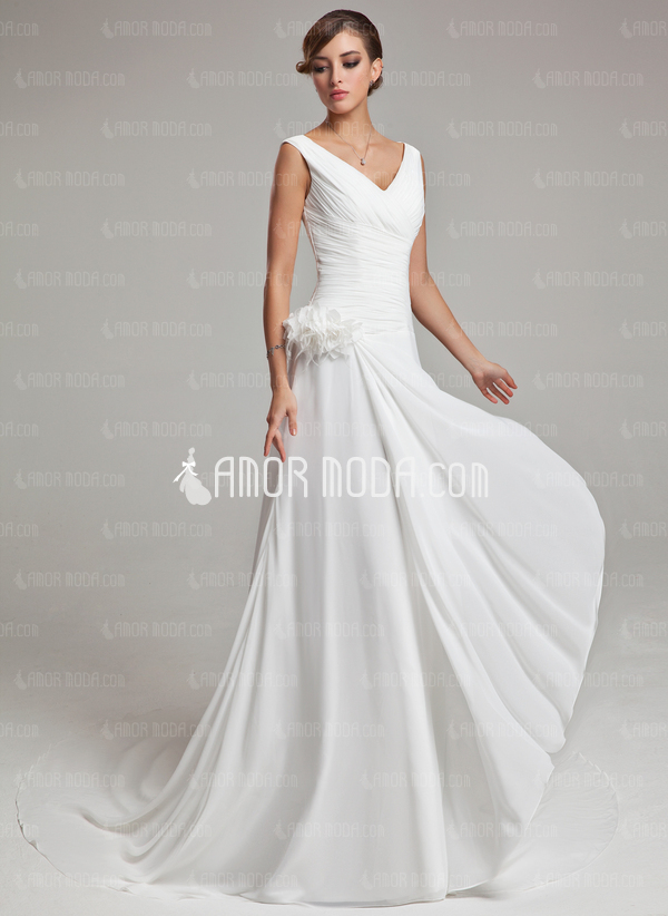 Ligne-A/Princesse Col V Traîne Chapelle Mousseline Satin Robe de Mariée avec Ondulé Plume Fleurs (002011459)