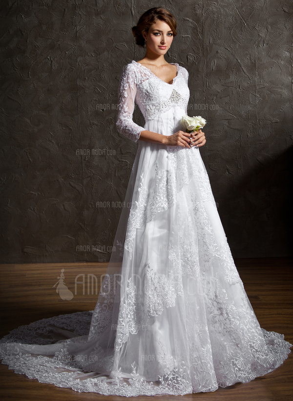 Ligne-A/Princesse Col V Traine courte Satin Dentelle Robe de Mariée avec Dentelle Perlé Pailleté (002004758)