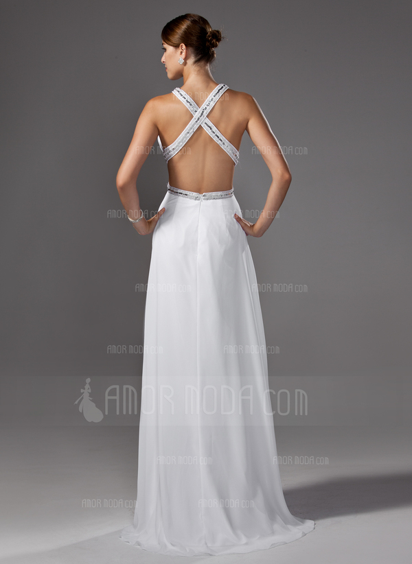 Empire Col rond Traine longue mousseline de soie Robe de Bal de Promo avec Ondulé Brodé (018002320)