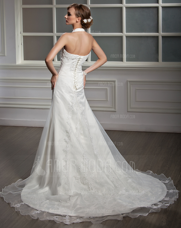 Ligne-A/Princesse Bretelles autour du cou Traine courte Organza Satin Robe de Mariée avec Ondulé Dentelle Perlé (002012015)