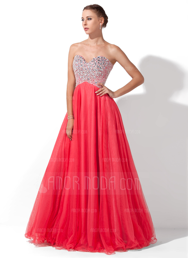 Ligne-A/Princesse Cœur Longeur au sol Tulle Charmeuse Robe de Bal de Promo avec Brodé (018004812)