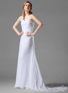 Robe de Mariée Ligne-A/Princesse Une epaule Traine courte Mousseline Robe de Mariée avec Ondulé Perlé Fleurs (002000446)