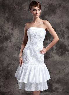 Robe de Mariée Coupe droite Sans bretelles Longeur à mi jambe Taffetas Tulle Robe de Mariée avec Dentelle Perlé (002024077)