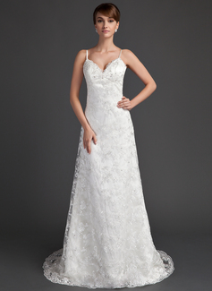 A-Line/Princess V-neck Sweep Train Satin Lace Wedding Dresses With Beadwork (002000220)