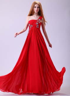 Cheap Prom Dresses A-Line/Princess One-Shoulder Floor-Length Chiffon Prom Dress With Ruffle Beading Appliques (018014357)