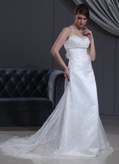 Empire Sweetheart Court Train Organza Satin Wedding Dresses With Ruffle Flower(s) (002000065)