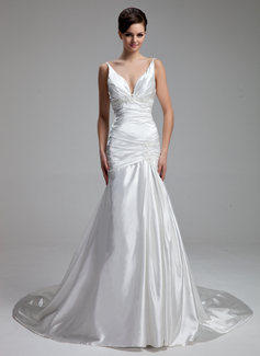 Robe de Mariée Ligne-A/Princesse Col V Traîne Chapelle Charmeuse Robe de Mariée avec Ondulé Dentelle Perlé (002000434)
