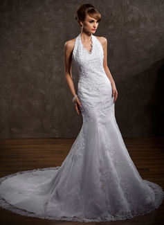 Robe de Mariée Ligne-A/Princesse Bretelles autour du cou Traîne Chapelle Satin Tulle Robe de Mariée avec Dentelle Perlé (002000297) Robe de Mariée Ligne-A/Princesse Bretelles autour du cou Traîne Chapelle Satin Tulle Robe de Mariée avec Dentelle Perlé (002000297)