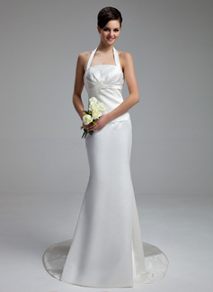 Robe de Mariée Coupe droite Bretelles autour du cou Traîne Chapelle Satin Robe de Mariée avec Ondulé (002000058) Robe de Mariée Coupe droite Bretelles autour du cou Traîne Chapelle Satin Robe de Mariée avec Ondulé (002000058)