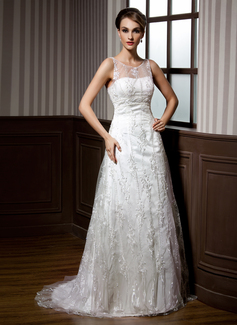 Robe de Mariée Ligne-A/Princesse Col rond Traine longue Satin Tulle Robe de Mariée avec Dentelle Perlé (002011451) Robe de Mariée Ligne-A/Princesse Col rond Traine longue Satin Tulle Robe de Mariée avec Dentelle Perlé (002011451)