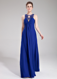 Avondjurken Keizer Ronde Hals Vloerlengte Chiffon Tule Avondjurken met Roes Kant Kraal (017019757)