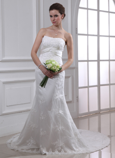 Sheath/Column Sweetheart Chapel Train Satin Lace Wedding Dresses With Lace Sashes Beadwork (00200018