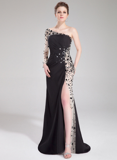 Robe de Bal de Promo Gaine Une epaule Traine longue Mousseline Tulle Robe de Bal de Promo avec Ondulé Brodé (018019001)