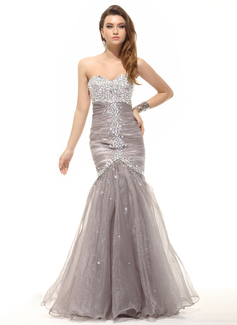 Robe de Bal de Promo Sirene Cœur Longeur au sol Organza Robe de Bal de Promo avec Ondulé Brodé (018016098)