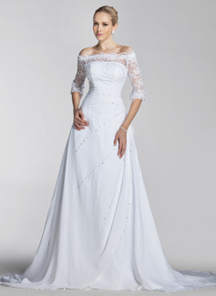 Robe de Mariée Ligne-A/Princesse Hors épaule Traine courte Mousseline Dentelle Robe de Mariée avec Perlé Pailleté (002004524)